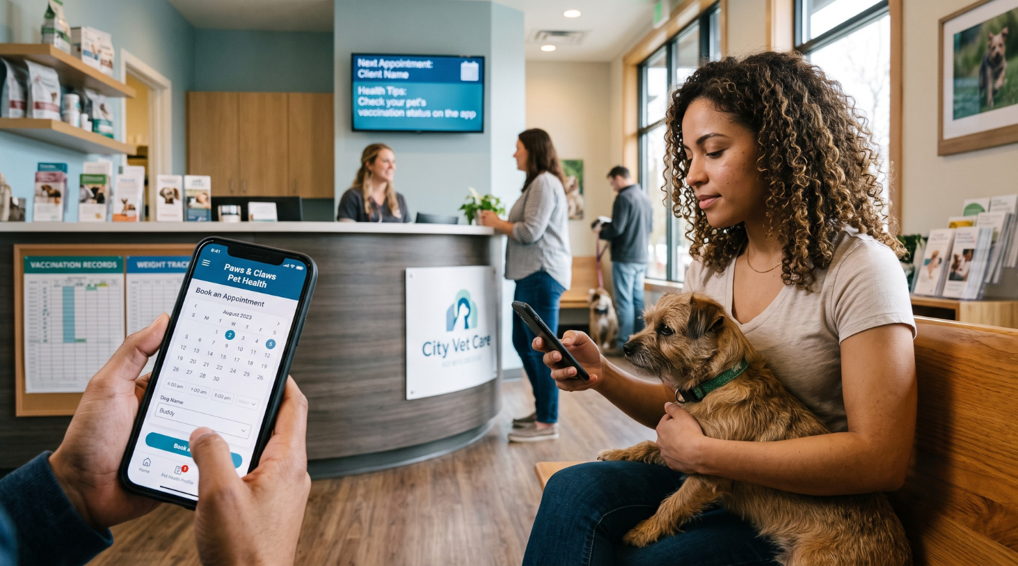 Woman with a dog using a pet care app for vet appointment booking in a veterinary clinic waiting area